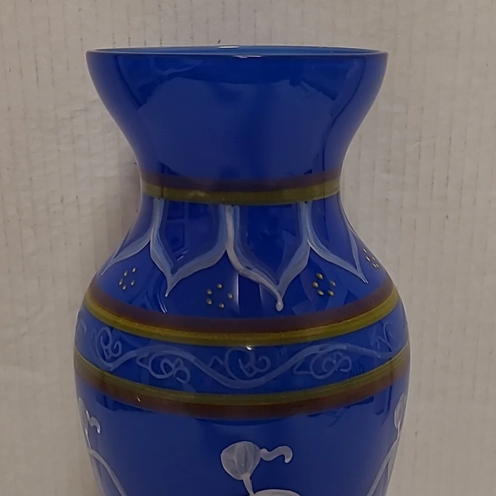 Vintage Colbalt Blue Handpainted Glass Vase